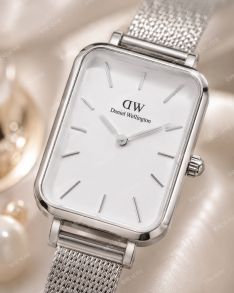 Daniel Wellington rektangulært dameur i stål med hvid urskive og meshrem 20mm