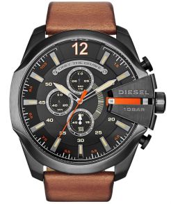 Ekstra-Large herreur fra Diesel med bred brun læderrem - Diesel Mega Chief Chrono Gunmetal Brown Leather DZ4343
