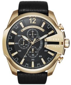 Stort Diesel herreur med guldfarvet kasse og bred sort læderrem - Diesel Mega Chief Chrono Guldfarvet Black Leather DZ4344