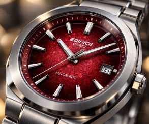 Casio automatisk herreur i stål med rød urskive og safirglas i 38mm