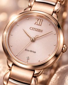 Rosagyldent Citizen dameur med solenergi, safirglas og diamant i 28mm