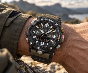 Sort Casio G-Shock Mudmaster i carbon med grøn rem og Bluetooth i 51mm