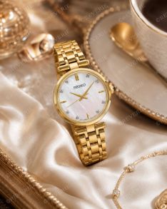 Seiko guldfarvet dameur med 8 diamanter, safirglas og perlemorsurskive 29mm