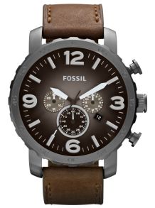 Stort gunmetal herreur med tyk brun læderrem - Fossil Nate JR1424