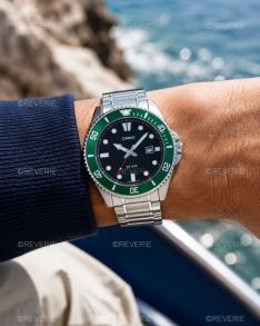 Casio herreur i stål, vandtæt 200M, sort urskive med grøn ensrettet drejelig bezel 46mm