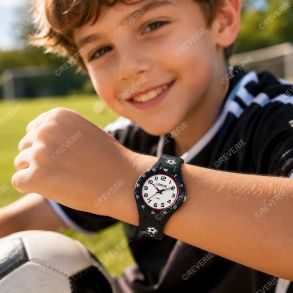 Sort vandafvisende børneur med fodboldmotiv 30mm