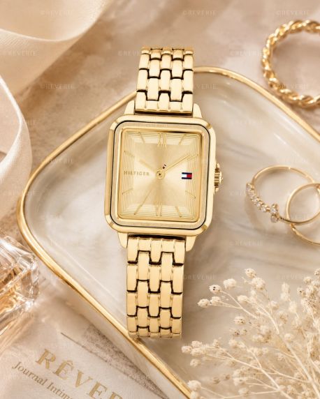 Tommy Hilfiger guldfarvet rektangulært dameur 24mm