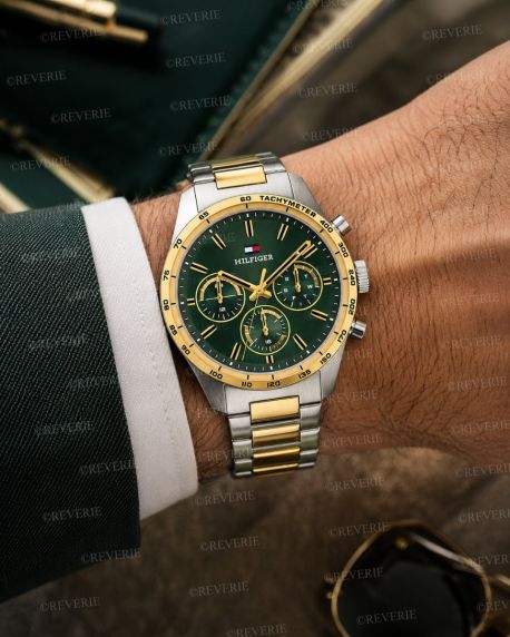 Tommy Hilfiger tofarvet herreur i stål med grøn urskive 42mm