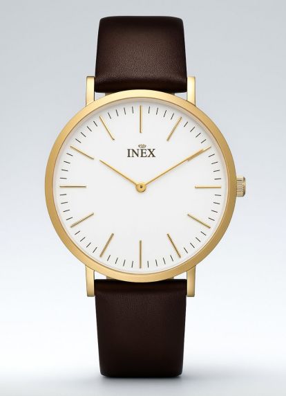 Inex guldfarvet herreur med brun læderrem - Inex Guldfarvet Brown