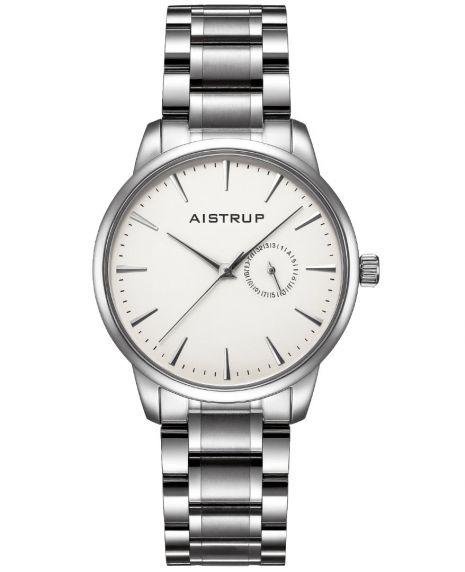 Elegant herreur med hvid urskive, datovisning og rustfri stållænke i minimalistisk design | Aistrup Rounded Elegance AIW8201