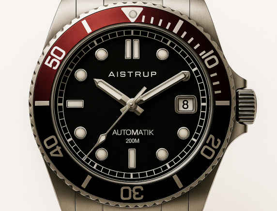 Stilfuldt automatisk dykkerur med sort urskive, rød bezel og 200 meters vandtæthed i professionel kvalitet | AIW8302