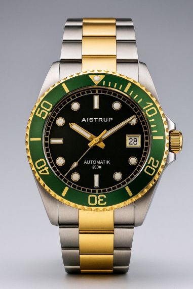 Prestigefyldt automatisk dykkerur med sort urskive, grøn bezel og bi-color rem i elegant stål og guld design | AIW8304