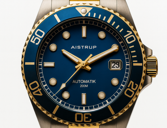 Elegant automatisk dykkerur med blå urskive, matchende blå bezel og tofarvet stål og guld lænke til den kræsne mand | AIW8305