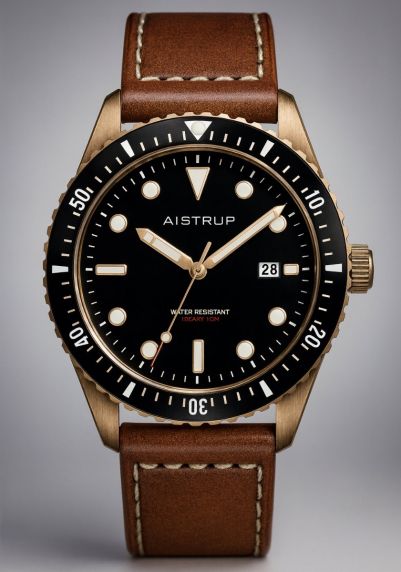 Vintage-inspireret herreur i messing med sort urskive, læderrem og 100 meters vandtæthed i maritimt design | AIW8501