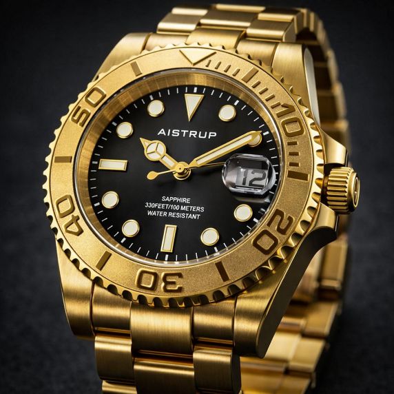 Aistrup luksuriøst herreur med sort urskive, guldtonet drejelunette og guldtonet stållænke | AIW8803