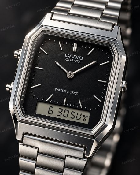 Rektangulært Casio ur i stål med sort urskive og dual display i 30mm