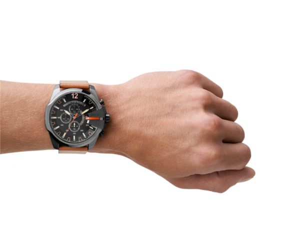 Ekstra-Large herreur fra Diesel med bred brun læderrem - Diesel Mega Chief Chrono Gunmetal Brown Leather DZ4343