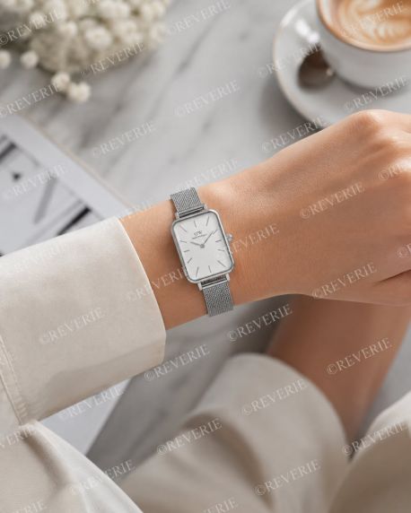 Daniel Wellington rektangulært dameur i stål med hvid urskive og meshrem 20mm