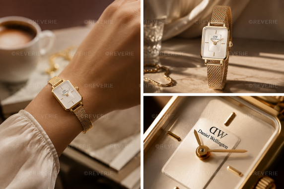 Daniel Wellington guldfarvet rektangulært dameur med meshrem 15mm