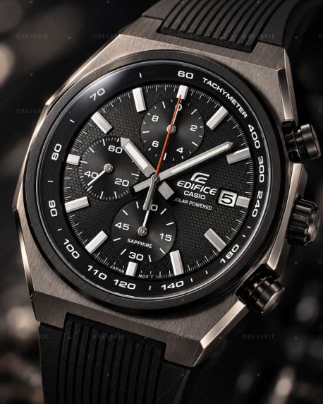 Casio herreur i gunmetal med sort urskive, solenergi, kronograf og safirglas i 38mm