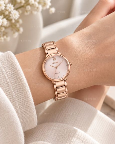 Rosagyldent Citizen dameur med solenergi, safirglas og diamant i 28mm