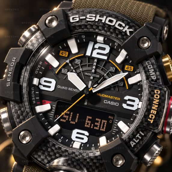 Sort Casio G-Shock Mudmaster i carbon med grøn rem og Bluetooth i 51mm