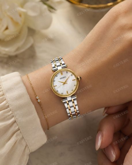 Seiko tofarvet dameur med 8 diamanter, safirglas og perlemorsurskive 29mm