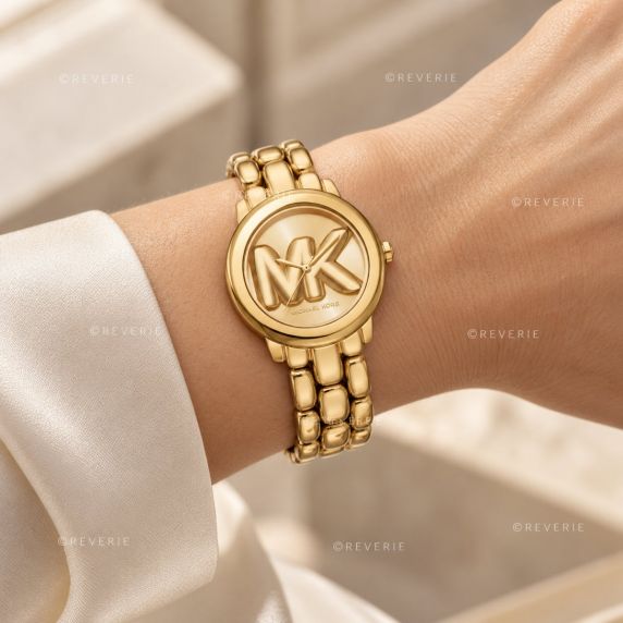 Gyldent Michael Kors dameur med stort MK-logo og kraftig stållænke i 36mm