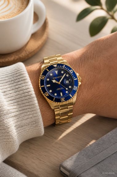 Guldfarvet herreur med blå urskive - Prevetti ProDiver PR1305
