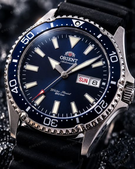 Orient herreur automatisk dykkerur 200m i stål med blå urskive og sort rem 42mm