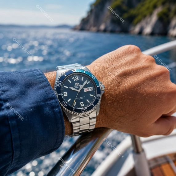 Orient automatisk dykkerur til mænd i stål med blå urskive og safirglas 41mm
