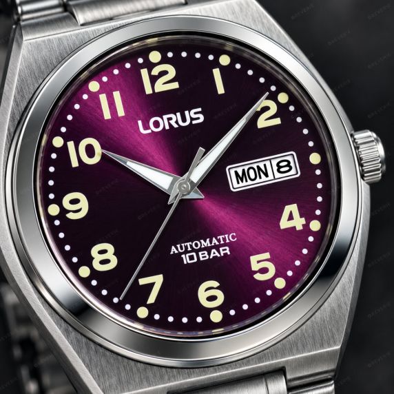Lorus automatisk herreur i stål med lilla sunray urskive og dag/dato 41mm
