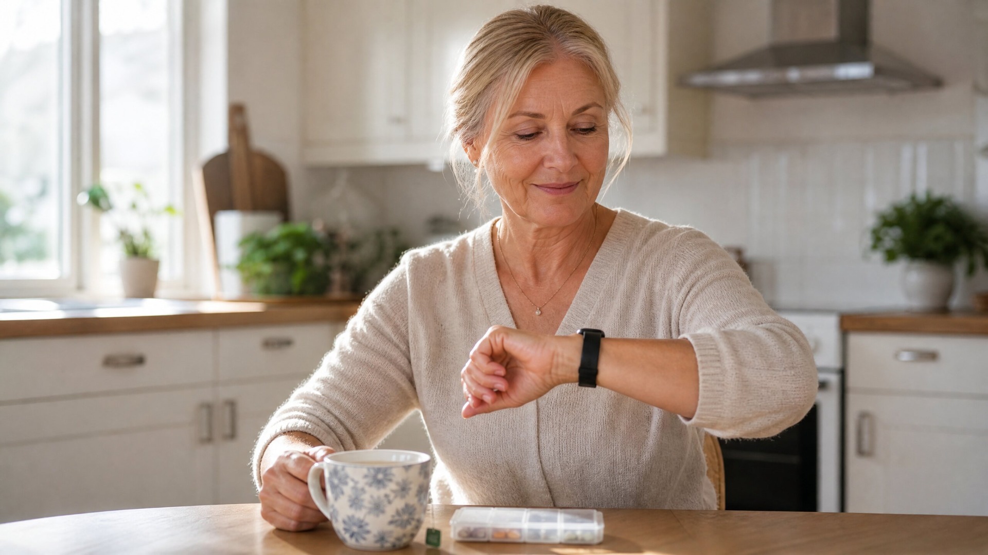 Kvinde tjekker medicinpåmindelsesur ved køkkenbordet