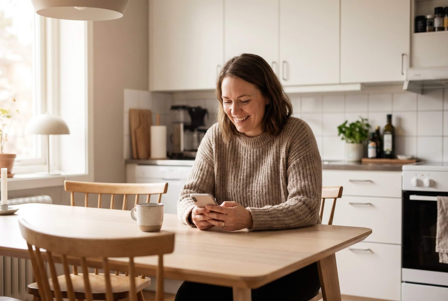 Fornøyd mor leser om toalettrutiner på telefonen